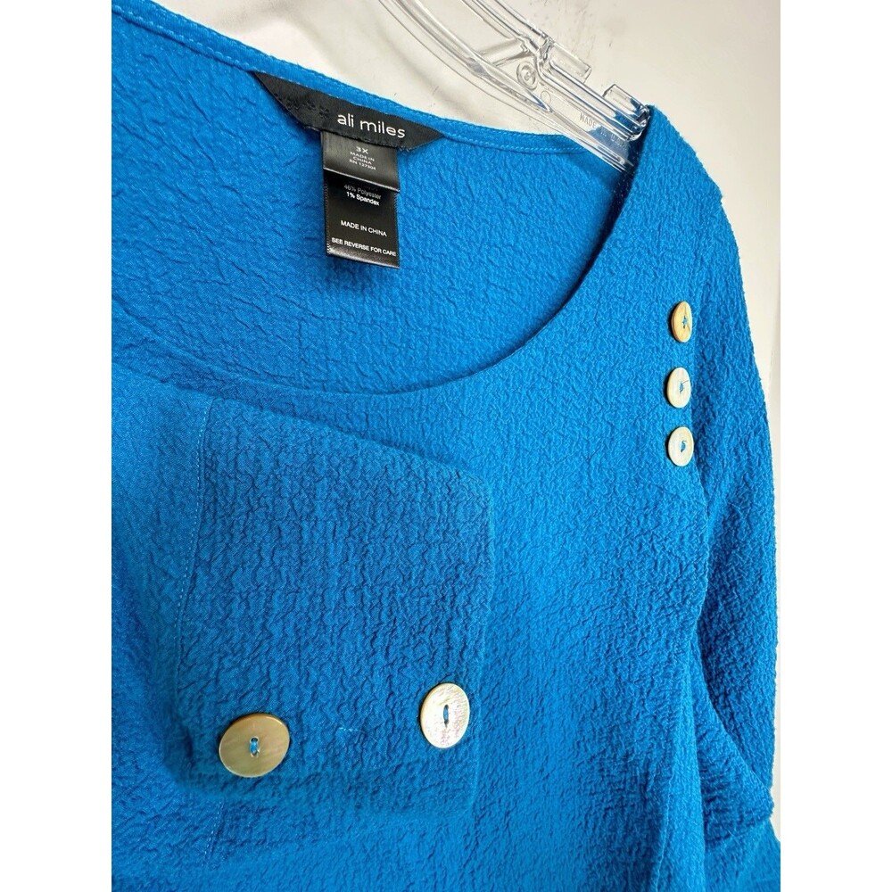 Ali Miles Textured Blouse Size 3X Blue Lagenlook Artsy Faux Wrap Tunic Shell